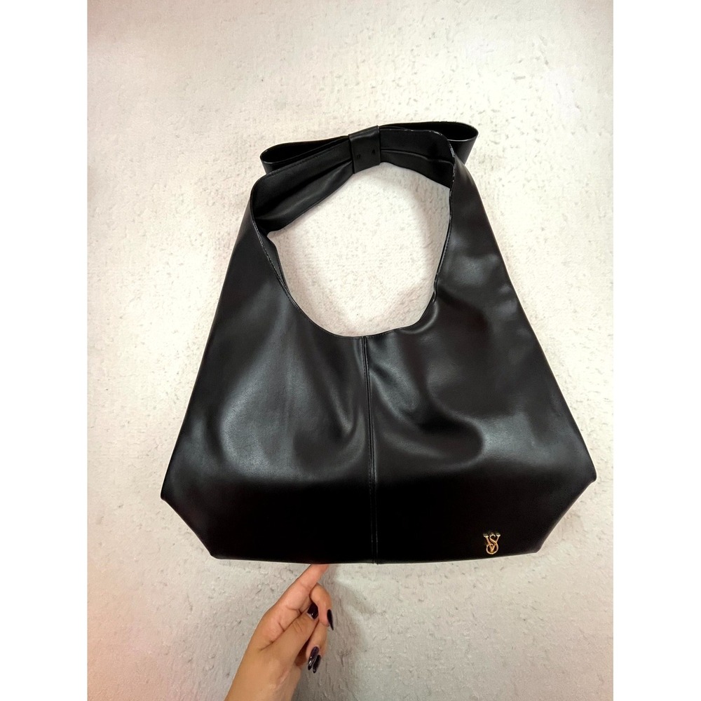 Victoria's Secret Slouchy Hobo Bag Womens Black Faux Leather Gold Logo Bow Strap